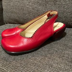 John Fluevog red Cindy heart heel sling back pumps. Size 6.5.